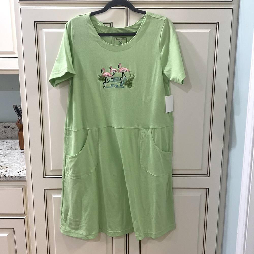 NWT Jane Ashley Casual Lifestyle Knit Flamingo Embroidered Green Dress Size L